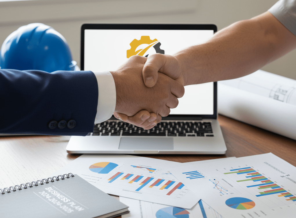 Advisor and contractor reviewing business plan financial projections