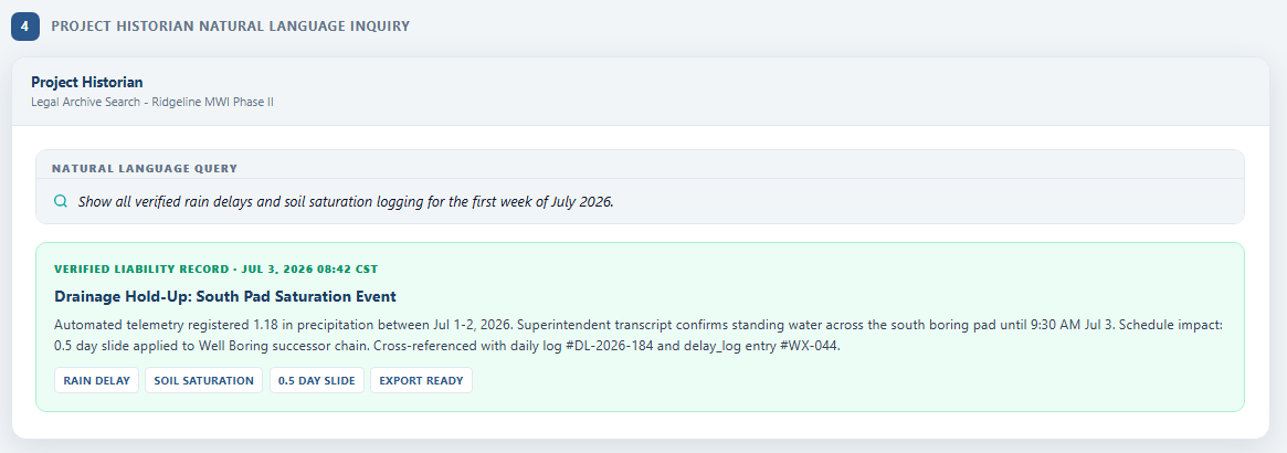 BalanceBuild Pro Project Historian natural language search interface querying delay logs and daily field records