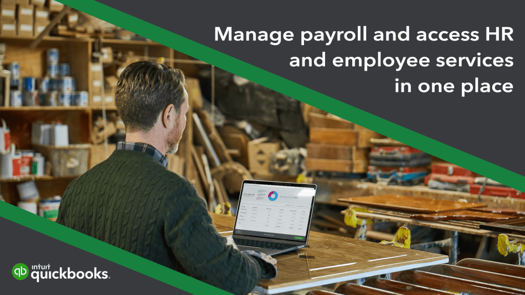 QuickBooks payroll and HR tools on a laptop in a workshop